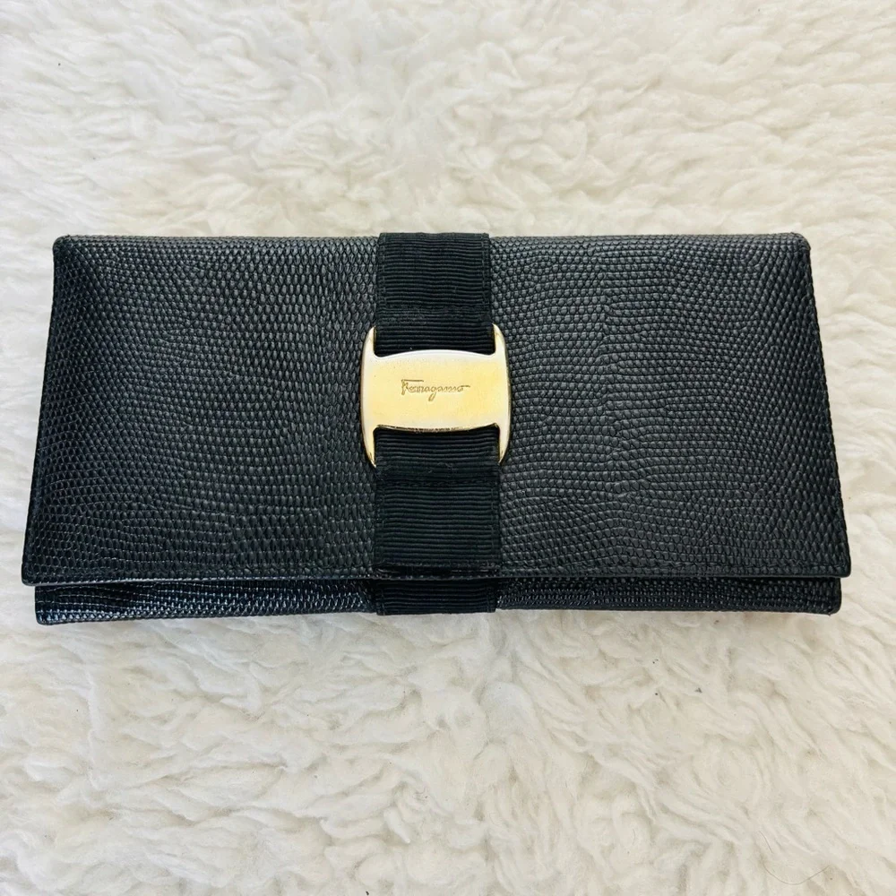 Ferragamo Black Grain Leather Women’s Long Wallet